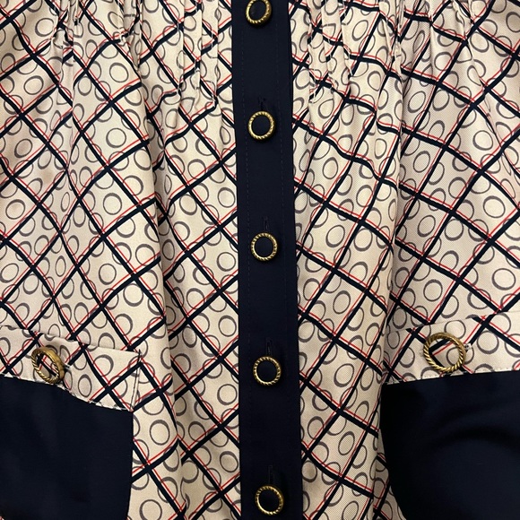 Juicy Couture Silk Top
Size: 10
Color Navy, white, and red with gold buttons - Picture 3 of 9